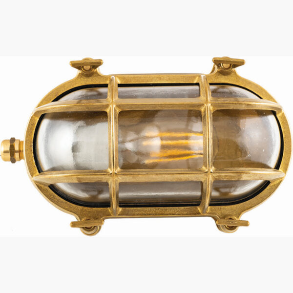 Exterior Wall Light in Brass with Clear Glass.