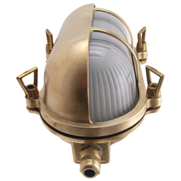 Oval Bulkhead Light with Eyelid Shield in Brass. ART BR435F Brass