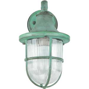 Outdoor lamp brass, wall lamp outdoor E27, marine lamp antique green, ribbed glass, D:22cm, IP64, lantern, terrace, balcony, rustic, outdoor wall lamp